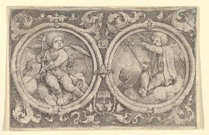 To Putti siddende i skyer i cirkler med ranker, 1517. af Lucas van Leyden