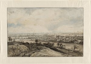 Et panoramisk flodlandskab med pollard piletræer af Lucas van Uden