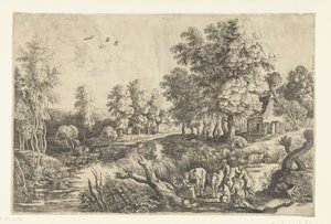 Bønder med kvæg ved et vandløb af Lucas van Uden