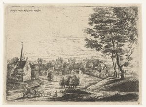 Udsigt over en landsby med en overdækket vogn Fem landskaber (serietitel) af Lucas van Uden