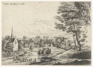 Udsigt over en landsby med en overdækket vogn Fem landskaber (serietitel) af Lucas van Uden