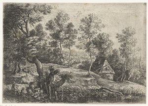 Landskab med et hus og en brønd Fem landskaber (serietitel) af Lucas van Uden