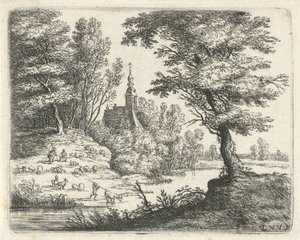 Landskab med hyrder og kvæg ved en flod Små landskaber (serietitel) af Lucas van Uden
