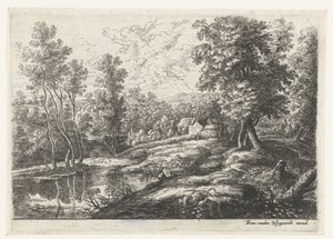 Landskab med huse og en kirke omgivet af en mur Fem landskaber (serietitel) af Lucas van Uden