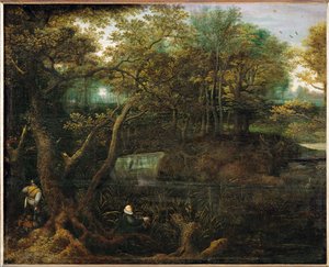 Fisher at the pond in the wood (maleri på egetræ) af Lucas van Valckenborch