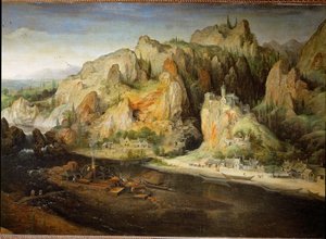 Bjerglandskab med eksplosionsovn (olie på lærred) af Lucas van Valckenborch