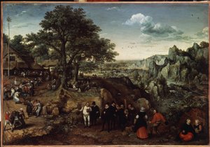Landskab med en landsfejring (landskab med en landfest). Maleri af Lucas Van Valckenbroch (1530-1597). Olie på lærred, 48,5 x 73,4 cm, sent 1580 debut 1590. Hollandsk kunst, barokk kunst. Museum of the Hermitage, Sankt Petersborg. af Lucas van Valckenborch
