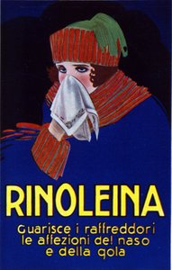 Reklame for lægemidlet Rinoleina mod forkølelse, ondt i halsen og hoste. Illustration af Lucien Achille Mauzan (1883 - 1952).