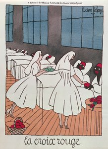Røde Kors-sygeplejersker, der tager sig af sårede soldater under 1. Verdenskrig, ca. 1915 (farve litho)