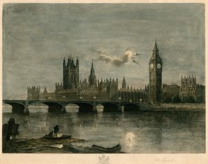 Westminster om natten farvet gravering