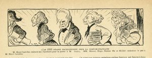 Illustration i Le Rire, 04/01/13 - året 1913... - Teater, Comedie francaise - Hugo Victor, Dumas Alexandre (søn), Lavedan Henri (1859-1940), Guitry Sacha, Musset Alfred, Moliere (gravering) af Lucien Metivet