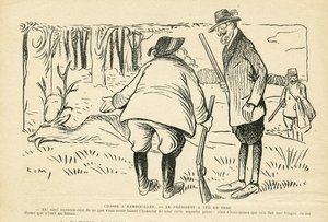 Illustration i Le Rire, 05/12/08 - Jagt i Rambouillet - Naturvegetation, Jagtjæger, republikkens præsident, Rambouillet - Clemenceau Georges, Fallieres Armand (1841-1931), Hjorte af Lucien Metivet