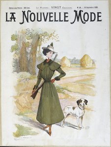 Kvinde i jagtdragt iført riffel - i "" La Nouvelle Mode"" fra sept. 1898 af Lucien Metivet