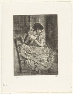 Ung kvinde sidder ved et bål af Lucien Pissarro
