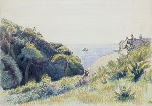 The Coastguards House, Ecclesbourne, 1918 (pen og grå blæk og farvekridt på struktureret papir) af Lucien Pissarro