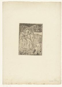 Kvinde med to piger på en eng af Lucien Pissarro