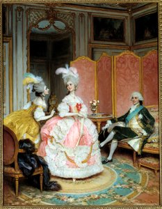 Prostitution: "" Den smukke kurtisane"" En ung kvinde præsenterede for en herre i en privat salon i det 18. århundrede gennem en matchmaker. Maleri af Lucius Rossi (1846-1913)