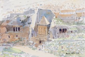Gamle grave i Kidron Valley, Jerusalem, 2019 (w/c på papir) af Lucy Willis