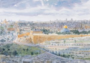 Jerusalem fra Oliebjerget, 2019 (w/c på papir) af Lucy Willis