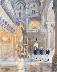 Nybegyndere i Den Hellige Gravs Kirke, Jerusalem, 2019 (w/c på papir) af Lucy Willis