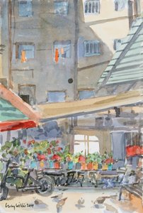 Orange Dusters Drying, Mahane Yehuda, Jerusalem, 2019 (w/c på papir) af Lucy Willis