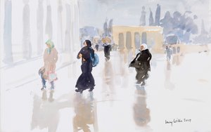 Pilgrimme på Tempelbjerget, Jerusalem, 2019 (w/c på papir) af Lucy Willis