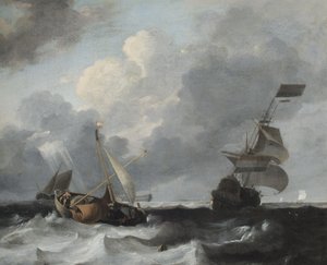 En storm ud for kysten med mænd o krig og fiskerbåde af Ludolf Backhuysen