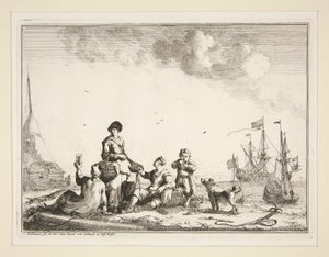 Havn med sømænd og en fiskehandler af Ludolf Backhuysen