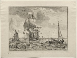 Marinescene med Amsterdam i det fjerne af Ludolf Backhuysen