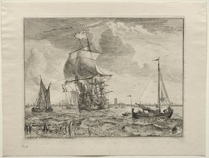 Marinescene med Amsterdam i det fjerne, 1701. af Ludolf Backhuysen