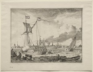 Udsigt over Amsterdam med skibe i forgrunden af Ludolf Backhuysen