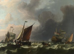 Hollandske krigsmænd og små fartøjer i en frisk brise ud for Enkhuizen, 1683