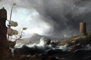 Tysk: Stürmische See an bergiger Küste Stormfuldt hav på en bjergrig kyst af Ludolf Bakhuizen