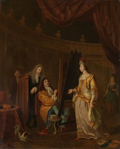 En kunstner i sit atelier, der maler portrættet af en dame