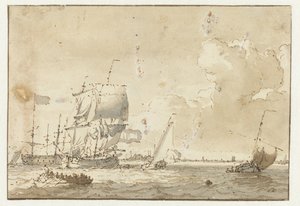 Skibe på vandet for en by af Ludolf Bakhuysen