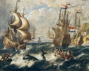 ""Hvalfangst"" Detalje. Maleri af Ludolf Backhuysen (1631-1708). Nancy. Museum for Skønne Kunster.