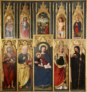 Altertavle, 10 malerier: Jomfruen med barnet mellem Johannes Døberen og Peter, En biskop og abbed, Kristus på korset mellem Johannes og Jomfruen, Sankt Martin og Sankt Viktor, Sankt Sebastian og Sankt Margaretha. af Ludovico Brea