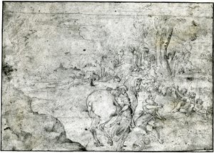 Erminia ja paimenet, n. 1600 (kynä ja muste paperille) af Ludovico Carracci
