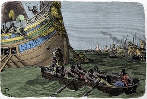 Marc Antoine (83-30 f.Kr.) slutter sig til Cleopatre (51-30 f.Kr.) på flugt efter nederlaget i slaget ved Actium den 2/09/31 f.Kr., illustration af Ludovico Pogliaghi fra "Storia d