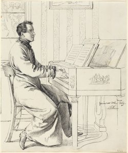 Kunstnerens svoger, Ludwig Hassenpflug, gør sig klar til at spille klaver af Ludwig Emil Grimm