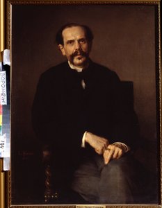""Portræt af en mand"" Han er klædt i et sort jakkesæt, et ridderskab på fingeren. Maleri af Ludwig Knaus (1829-1910) Ivan Kramskoy (eller Kramskoi) Fine Arts Museum i Voronezh (Voronezh), Rusland. af Ludwig Knaus