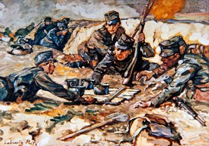 At bringe rationer til de østrigske skyttegrave under beskydning fra russisk artilleri af Ludwig Putz