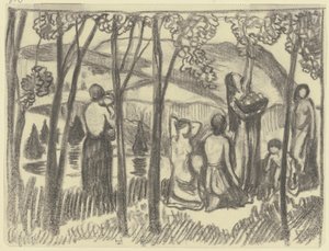 Knælende kvinder og en kvinde, der plukker frugt af Ludwig von Hofmann