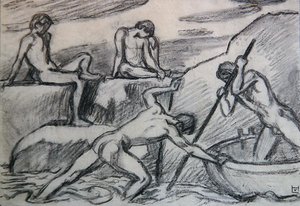 Nøgen bådsmand og unge mennesker på en grøn strand (grafit på papir) af Ludwig von Hofmann