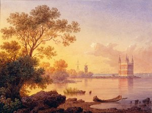 Udsigt over den lyserøde pavillon (Ozerki) i Peterhof (Sankt Petersborg). Værk af Luigi Premazzi (1814-1891), akvarel på papir. Italiensk kunst fra det 19. århundrede, akademiisme. Statens Friluftsmuseum Peterhof, Sankt Petersborg. af Luigi Premazzi