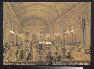 Trappen til det kejserlige teater Bolchoi Kammeny i Sankt Petersborg. Kunstværk af Luigi Premazzi (1814-1891), akvarel og hvidt på papir, ca. 1850. Italiensk kunst af Luigi Premazzi