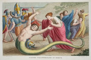 Cadmus into a Serpent eller Cadmo Transformato in Serpe, Bog IV, illustration fra Ovids Metamorphoses, Firenze, 1832 (håndkoloreret gravering)