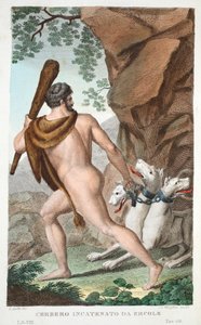 Hercules og Cerberus eller Cerbero Incatenato da Ercole, Bog VII, illustration fra Ovids Metamorphoses, Firenze, 1832 (håndkoloreret gravering) af Luigi Ademollo