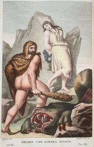Hercules redder Hesione eller Ercole che Libera Enione, Bog XI, illustration fra Ovids Metamorphoses, Firenze, 1832 (håndkoloreret gravering) af Luigi Ademollo