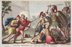 Paris dræber Achilles eller Paride diretto da Apollo Ferince Achille, Bog XIII, illustration fra Ovids Metamorphoses, Firenze, 1832 (håndfarvet gravering)